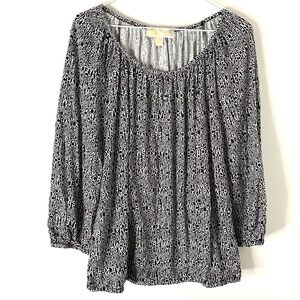 MICHAEL Michael Kors Black White Logo Monogram Scoop Neck Blouse Pleated Flowy